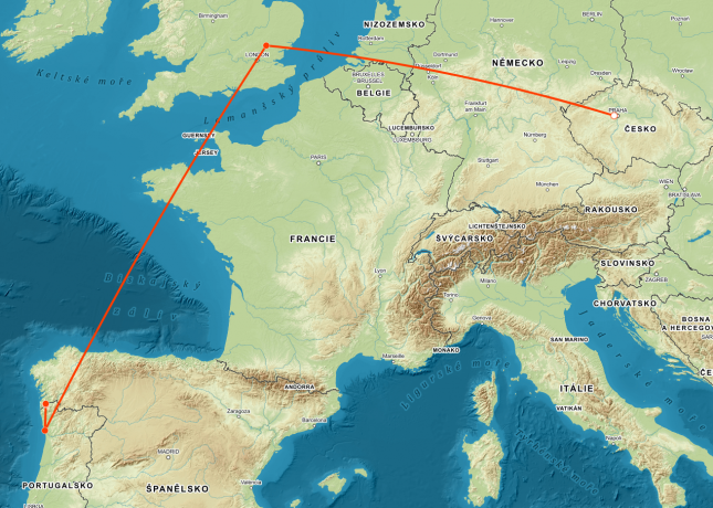 Trasa Praha (CZ) - Standsted (UK) - Porto (PT) - Valenca (PT) - Tui (SP)